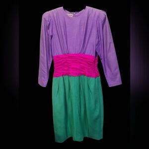 Ronnie Heller MJ Vintage Purple, Pink, and Green 100% Silk Dress Size 8
